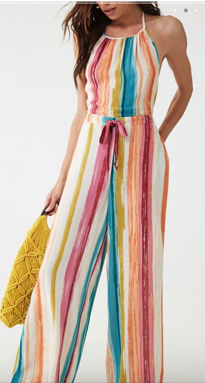 Abstract Striped Jumpsuit-A woven jumpsuit featuring a halter neck with self-ties, an allover abstract striped print, drawstring with a partially elasticized waist, and a wide leg.