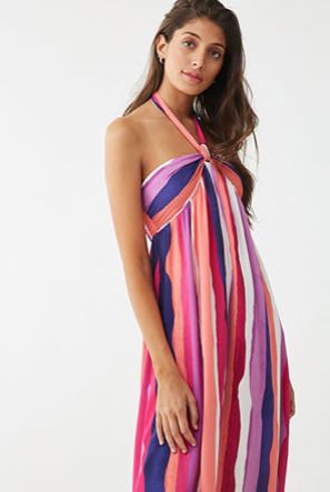 Forever21 Striped Maxi Dress-A woven maxi dress featuring a halter neck with a self-tie closure, allover striped print, smocked back, and a flowy silhouette.
