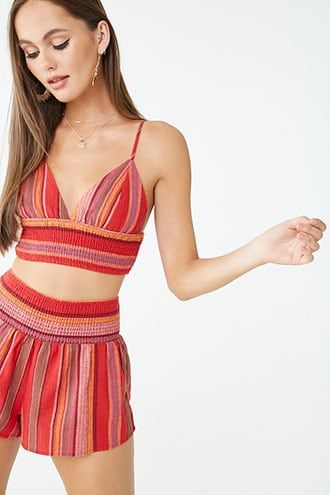 Forever21 Striped Cropped Cami Red/Multi-Trendy, stylish outfit for Juniors or Women, Red Stripes, Crop Top with shorts